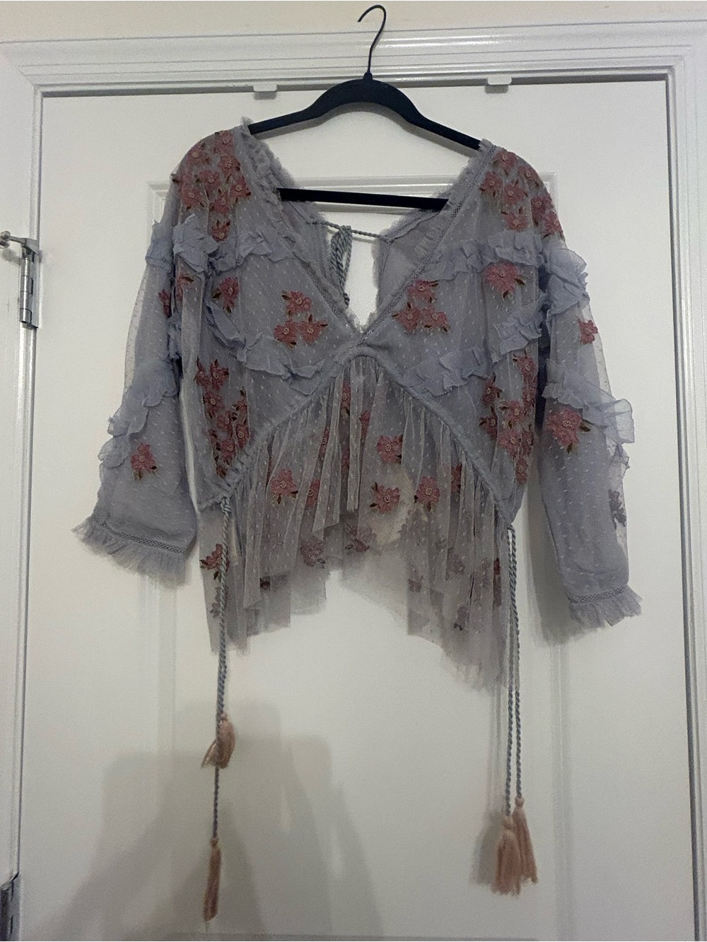 Sheer Embroidered Tie-Front Blouse - Gray with Pink Floral